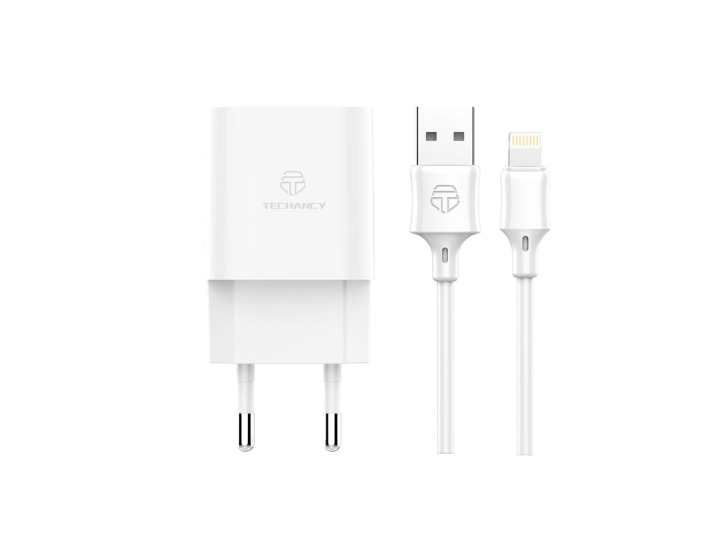 Techancy Carregador De Parede 2usb Branco TA2790, Carregamento 5V-2,4A, Conjunto De Cabos Lightning 1m, Compatível Com Iphone/Ipad
