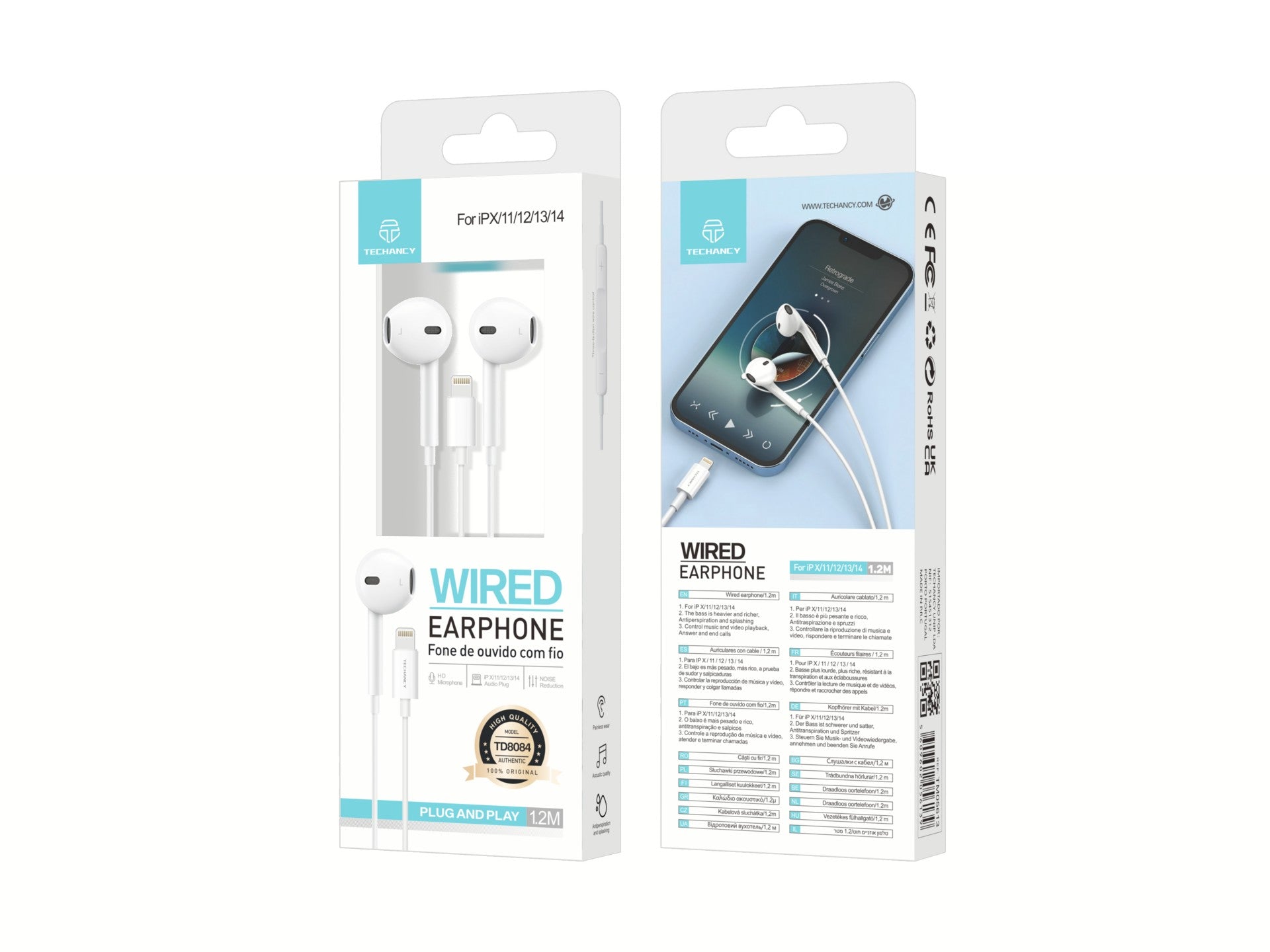 Techancy Auricular Com Fios TD8084, Plug And Play, Compatível Com Ip8/X/11-14, 1,2 Metros, Estéreo, Chamadas De Voz