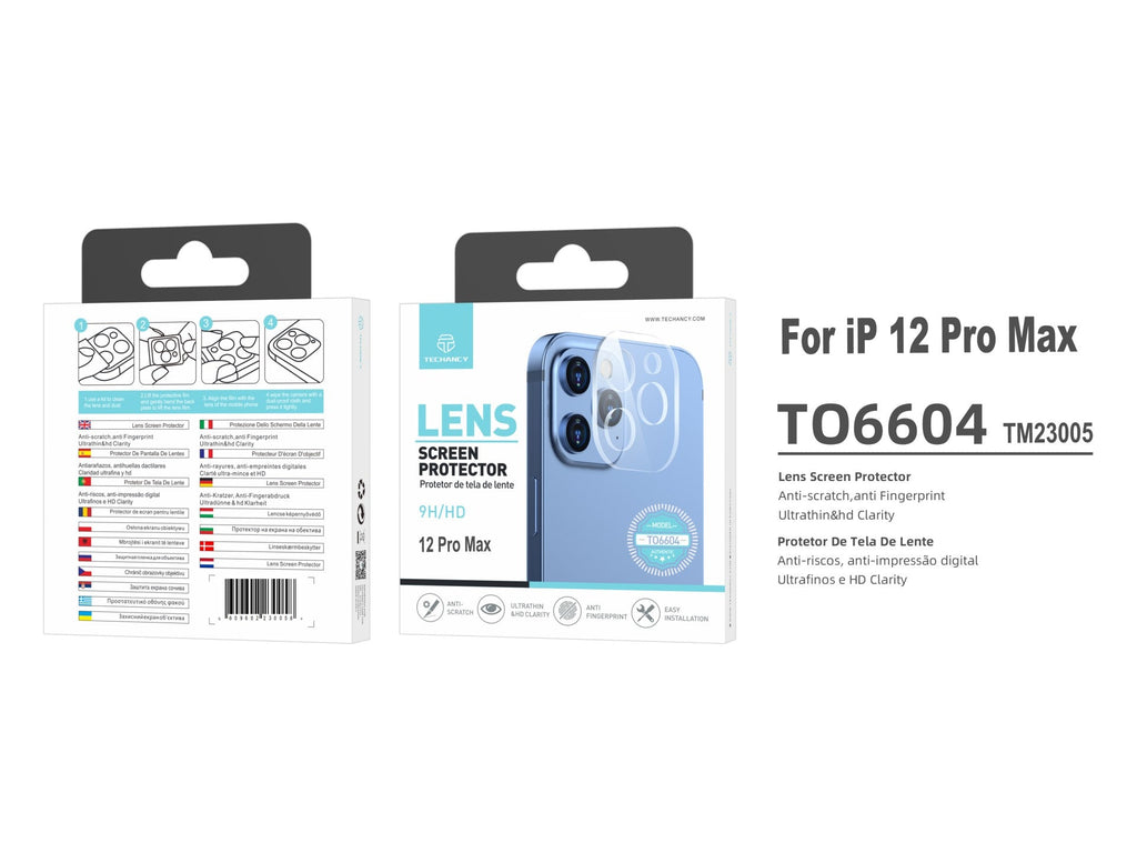 Techancy Protetor de Lente  para iPhone 12Pro Max TO6604, 9H Anti-riscos, Anti-digital, Ultrafino e HD, Fácil de Instalar