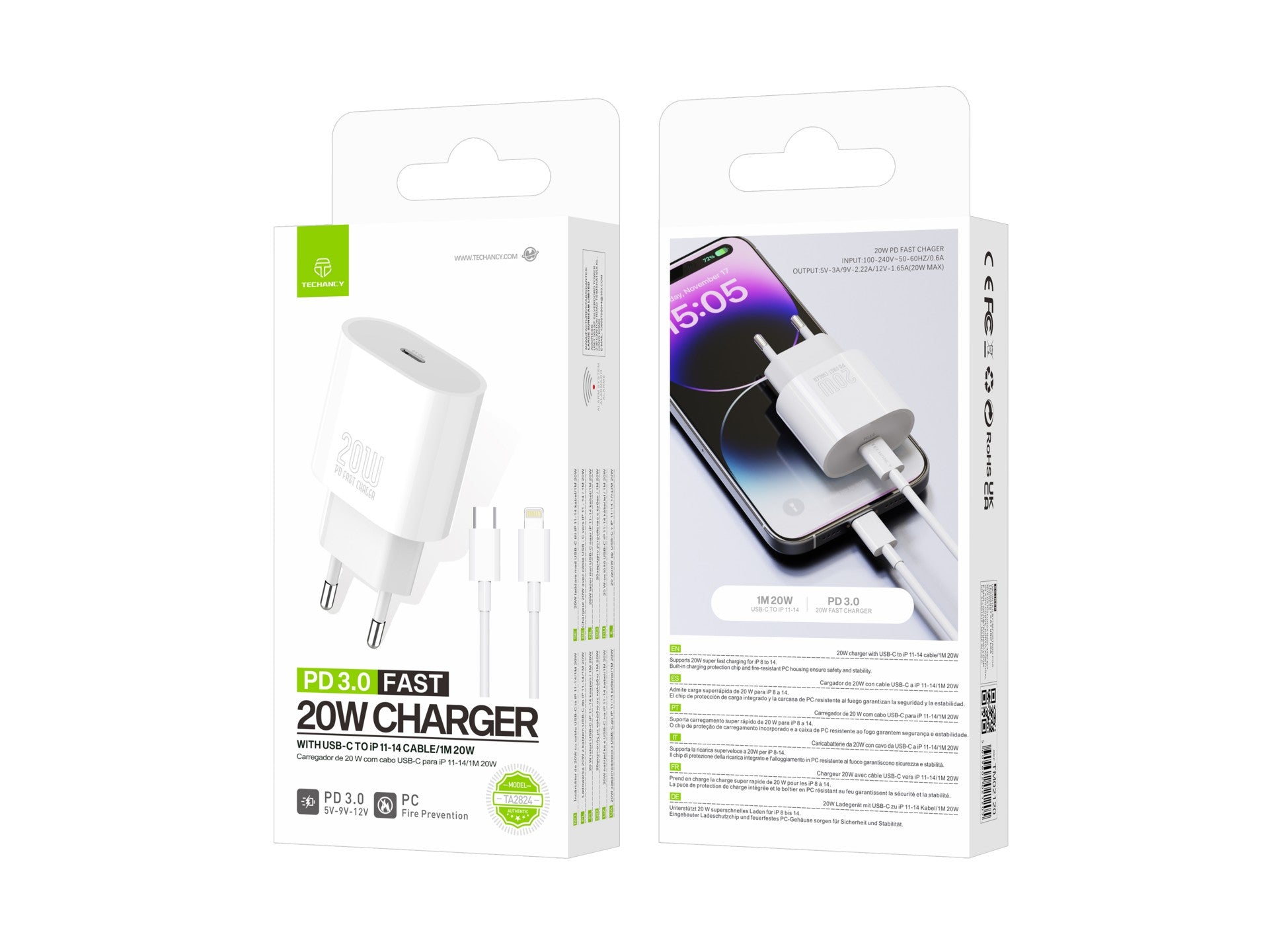 Techancy Carregador TA2824 PD3.0 20W com Cabo USB-C para Lightning Compatível com iPhone 8 a 14 Serie