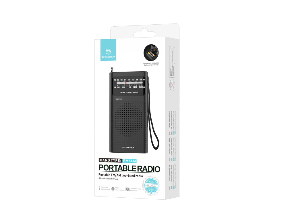 Techancy MJ2924 Radio portatil FM AM com sintonia manual entrada fone 3.5mm pilhas AA*2 nao incluidas Preto