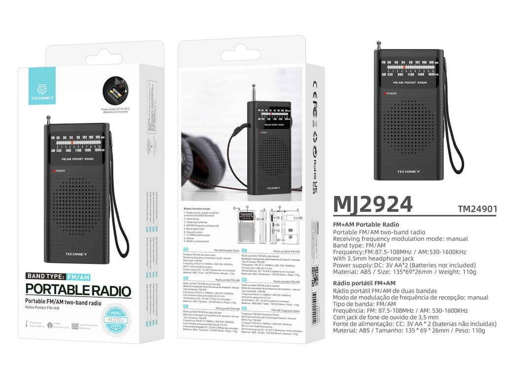 Techancy MJ2924 Radio portatil FM AM com sintonia manual entrada fone 3.5mm pilhas AA*2 nao incluidas Preto