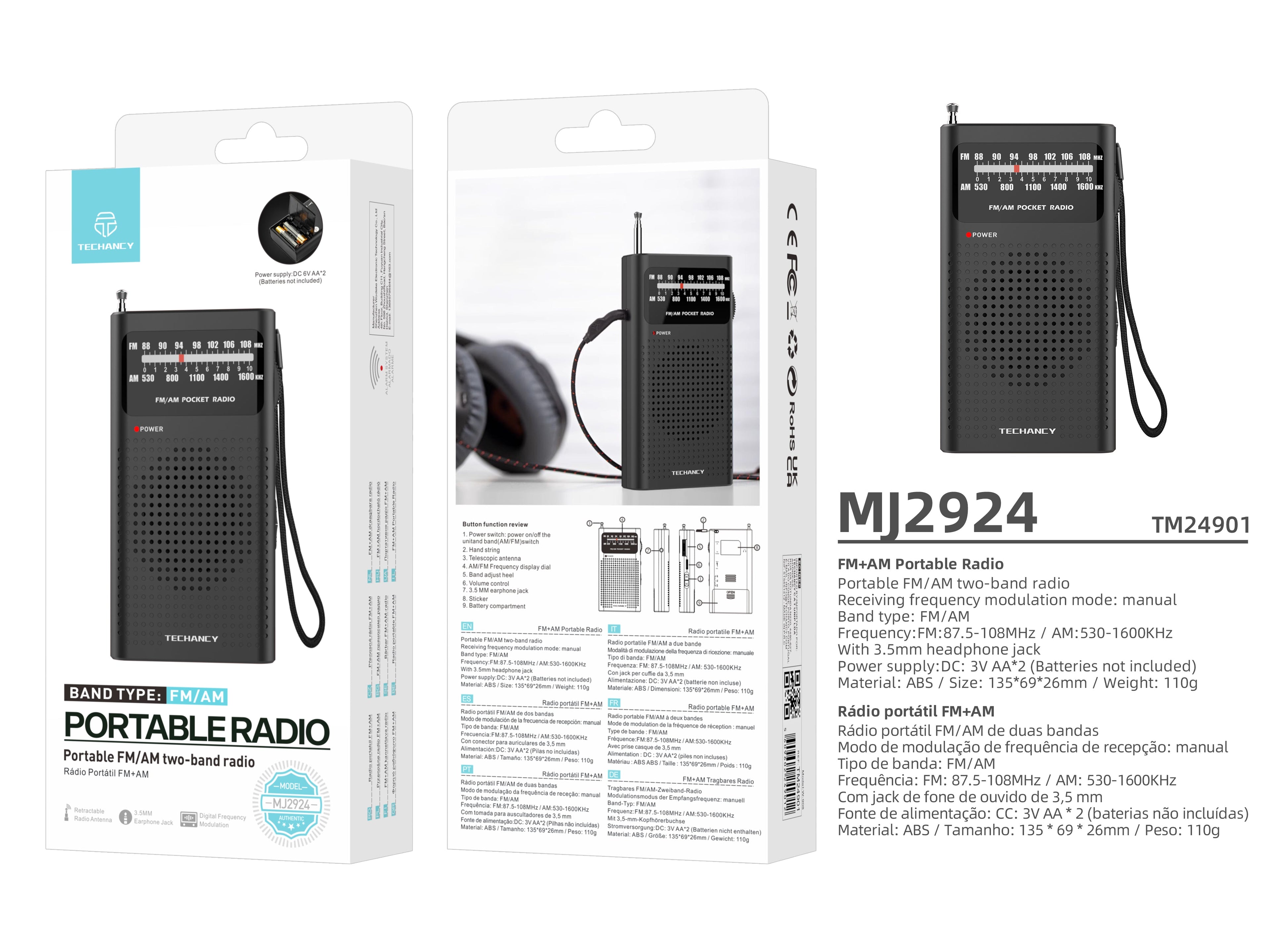 Techancy MJ2924 Radio portatil FM AM com sintonia manual entrada fone 3.5mm pilhas AA*2 nao incluidas Preto