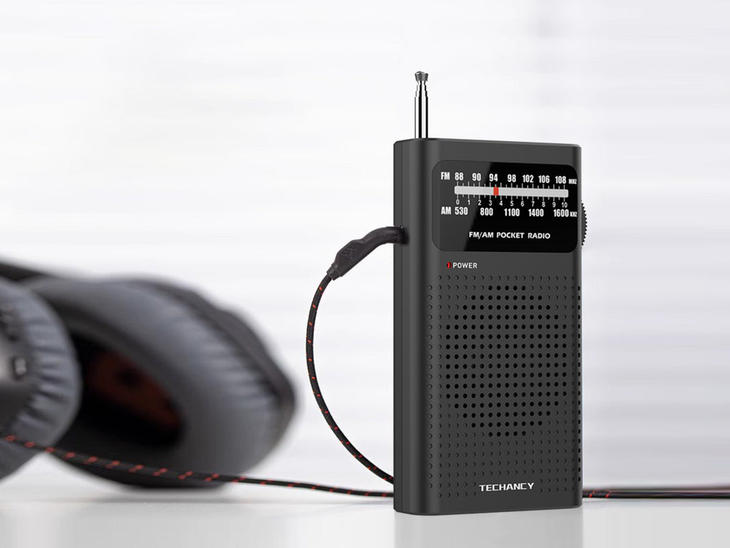 Techancy MJ2924 Radio portatil FM AM com sintonia manual entrada fone 3.5mm pilhas AA*2 nao incluidas Preto