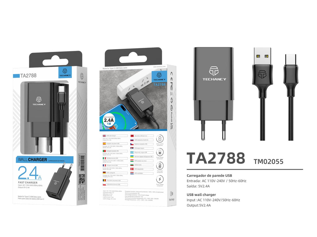 Techancy Carregador De Telemóvel Preto  TA2788, Saída Usb 5v-2.4a Carregamento, Conjunto De Carregador De Cabo Usb-Tipo C 1m