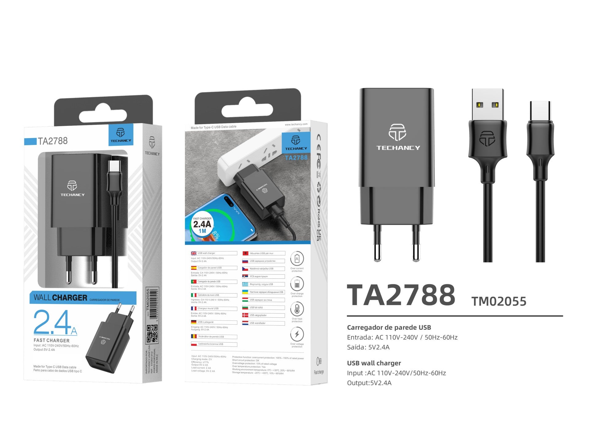 Techancy Carregador De Telemóvel Preto  TA2788, Saída Usb 5v-2.4a Carregamento, Conjunto De Carregador De Cabo Usb-Tipo C 1m