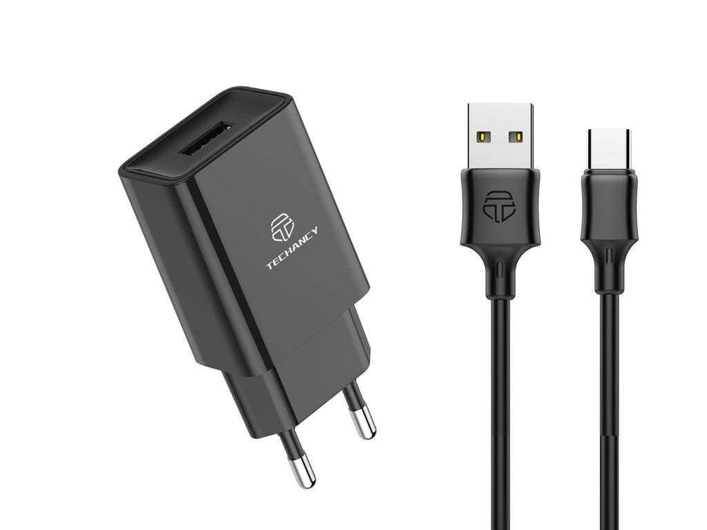 Techancy Carregador De Telemóvel Preto  TA2788, Saída Usb 5v-2.4a Carregamento, Conjunto De Carregador De Cabo Usb-Tipo C 1m