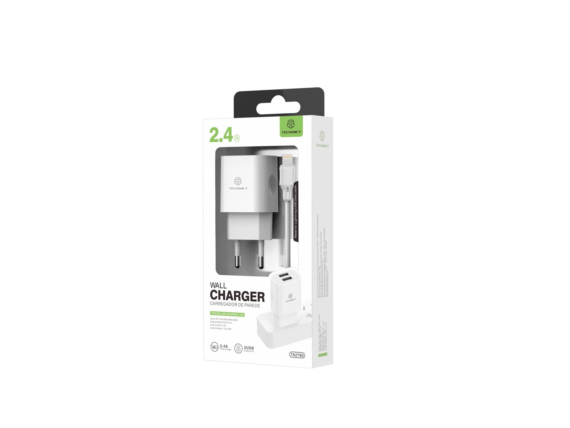 Techancy Carregador De Parede 2usb Branco TA2790, Carregamento 5V-2,4A, Conjunto De Cabos Lightning 1m, Compatível Com Iphone/Ipad
