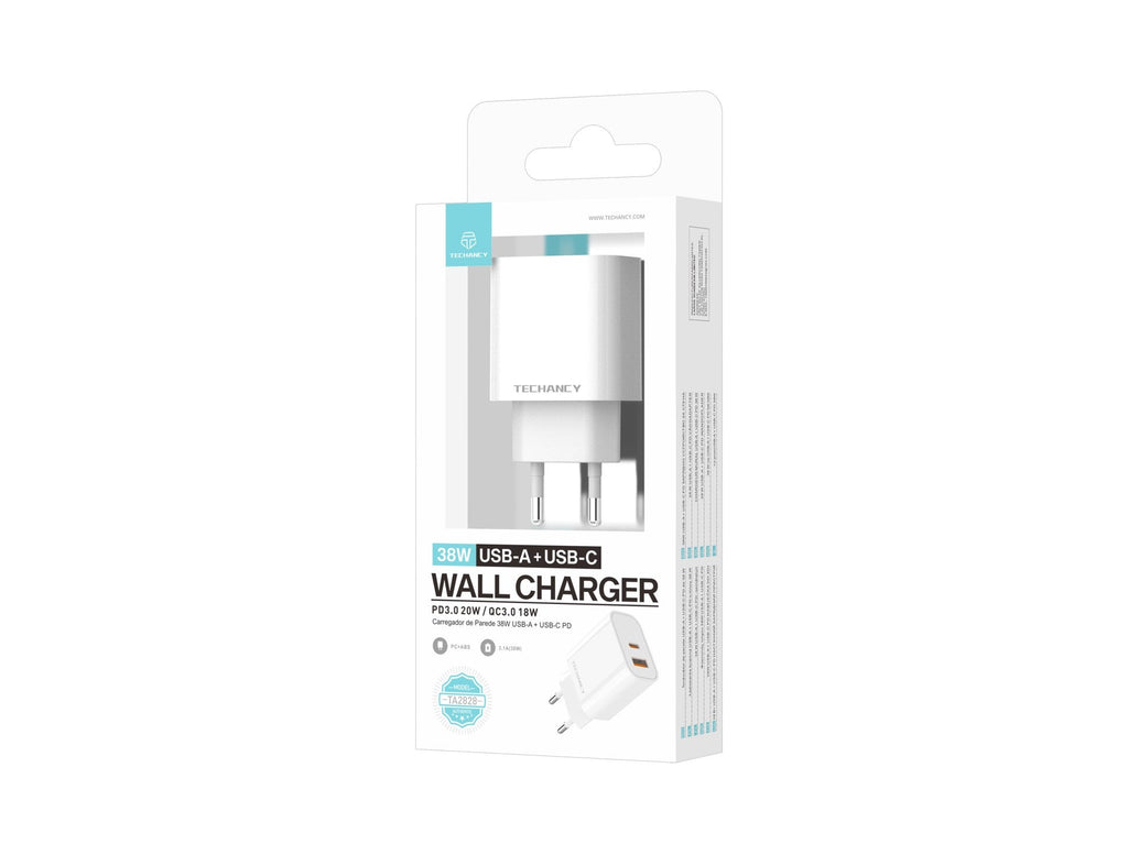 Techancy Carregador 38W USB A e USB C PD QC3.0 TA2828 Carregamento rapido para iPhone Android Tablet Adaptador EU Branco