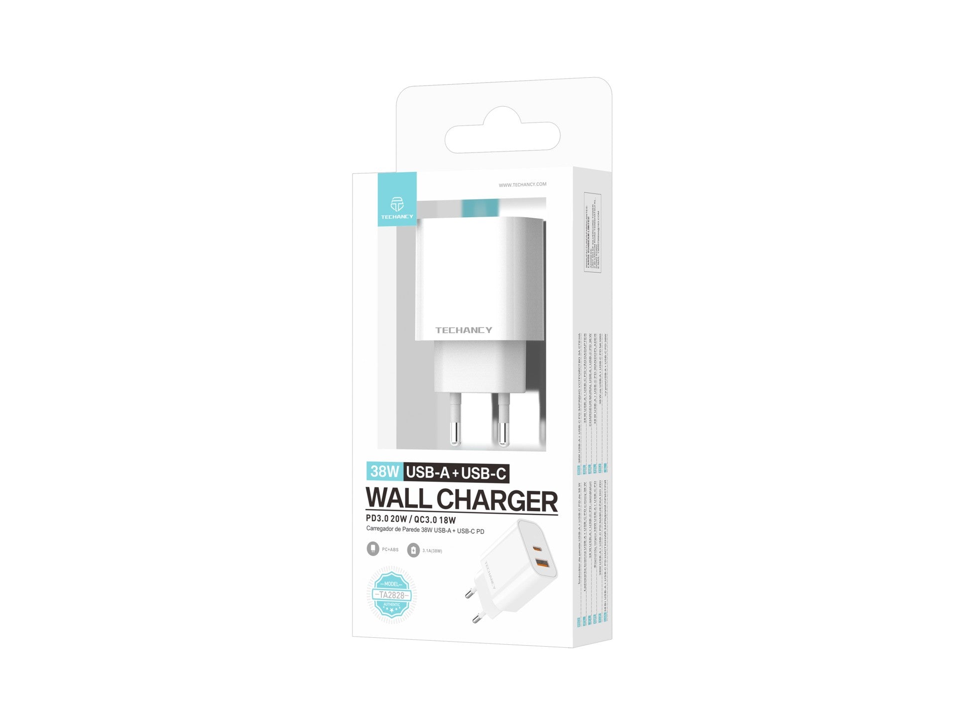 Techancy Carregador 38W USB A e USB C PD QC3.0 TA2828 Carregamento rapido para iPhone Android Tablet Adaptador EU Branco