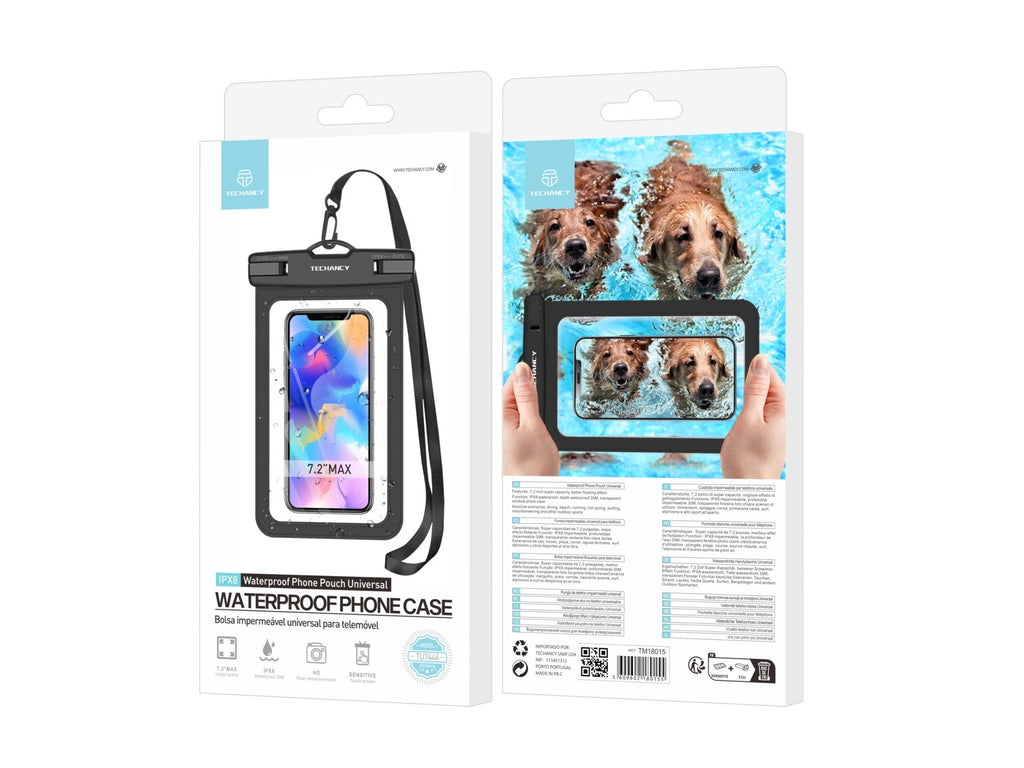 Techancy Bolsa Para Telemóvel À Prova De Água TU7446, 7,2 Pol. Profundamente À Prova De Água, Preto