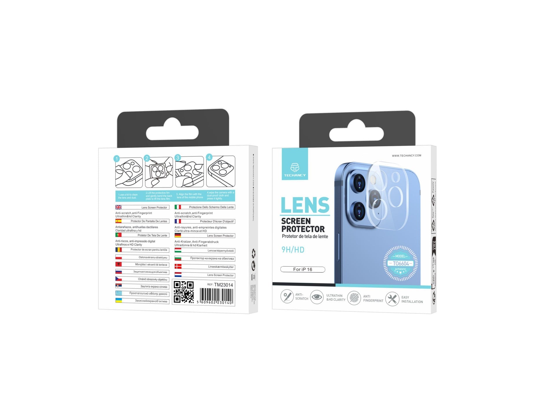 Techancy Protetor de Lente  para iPhone 16 TO6604, 9H Anti-riscos, Anti-digital, Ultrafino e HD, Fácil de Instalar