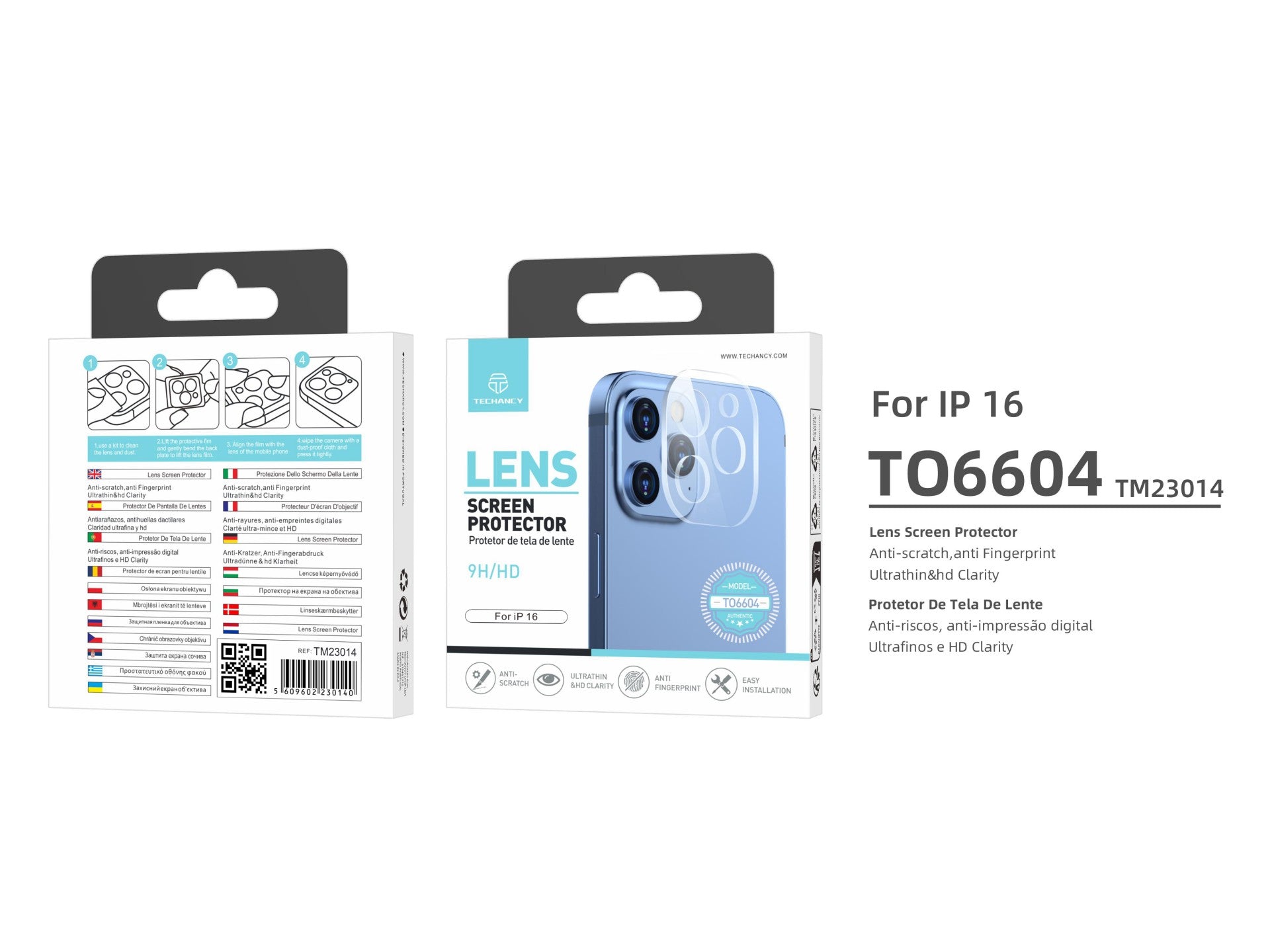 Techancy Protetor de Lente  para iPhone 16 TO6604, 9H Anti-riscos, Anti-digital, Ultrafino e HD, Fácil de Instalar