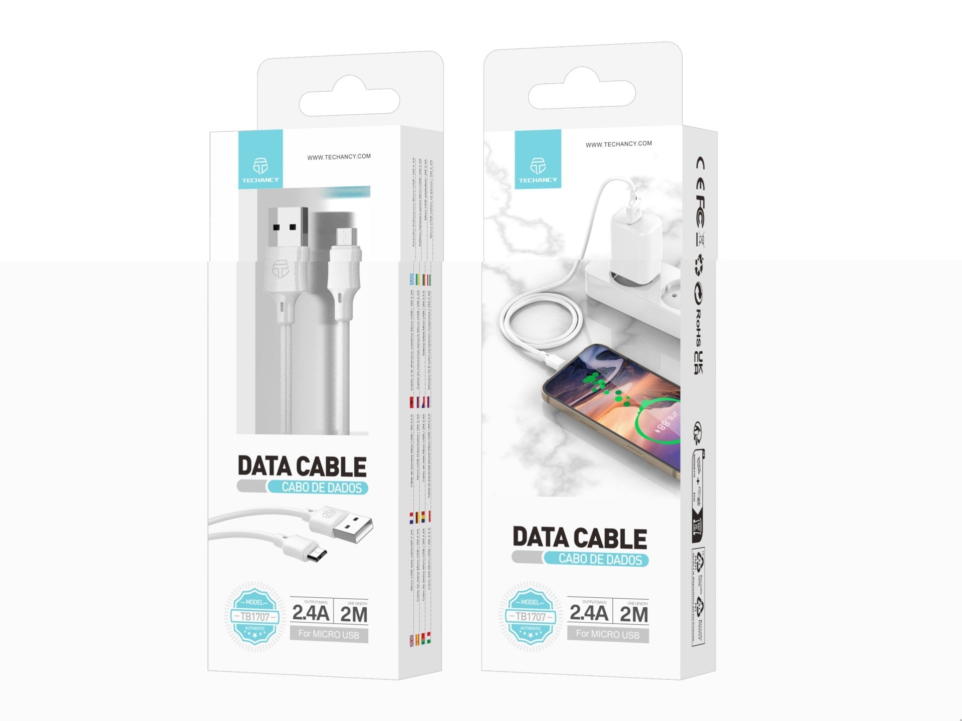 Techancy Cabo De Dados Usb-Micro Branco TB1707, 2 M De Comprimento, 2,4 A De Carregamento, Compatível Com Microdispositivos