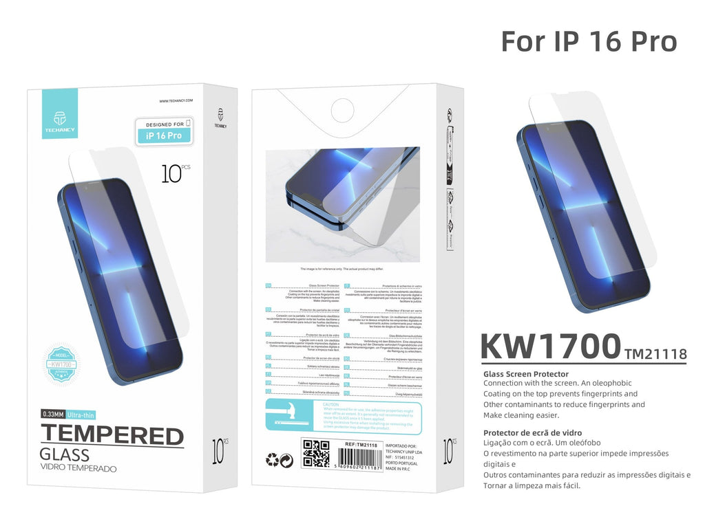 Techancy Película de Vidro Temperado  para iPhone 16 Pro KW1700 , 0.33MM, Anti-riscos, Alta Transparência, Fácil Aplicação