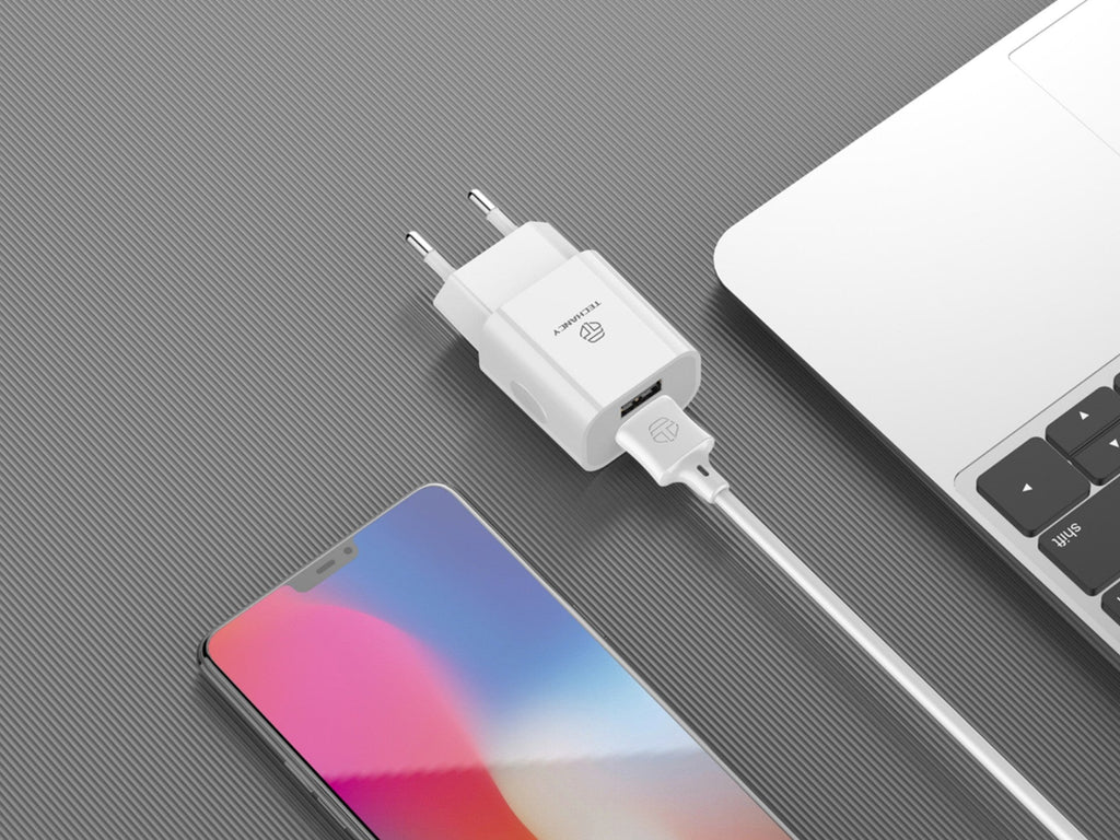 Techancy Carregador De Parede 2usb Branco TA2790, Carregamento 5V-2,4A, Conjunto De Cabos Lightning 1m, Compatível Com Iphone/Ipad