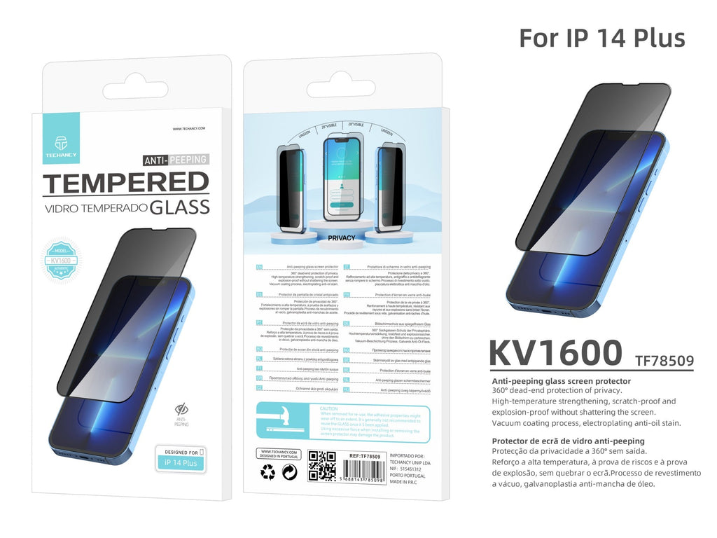 Protetor de ecrã premium para smartphone Techancy, protetor de privacidade, KV1600, compatível com iPhone 14 Plus