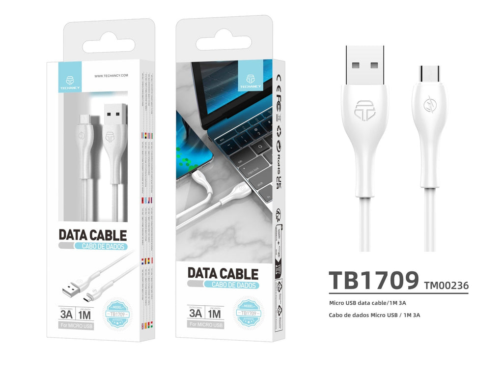 Techancy Cabo De Dados Rápido 3a TB1709, Conetor Usb-Micro, 1 Metro De Comprimento Para Transferência De Dados, Branco