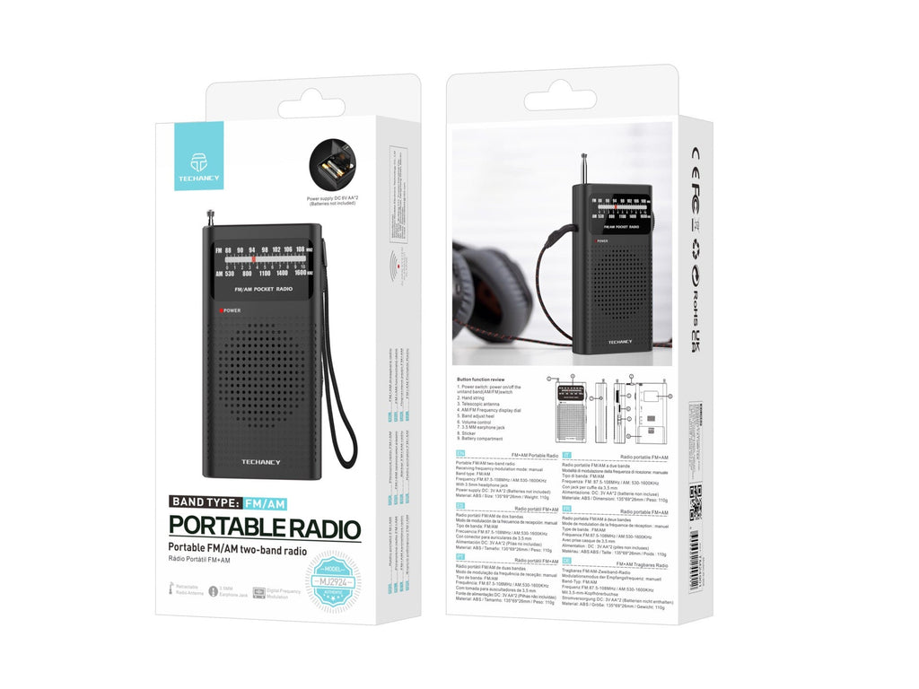 Techancy MJ2924 Radio portatil FM AM com sintonia manual entrada fone 3.5mm pilhas AA*2 nao incluidas Preto