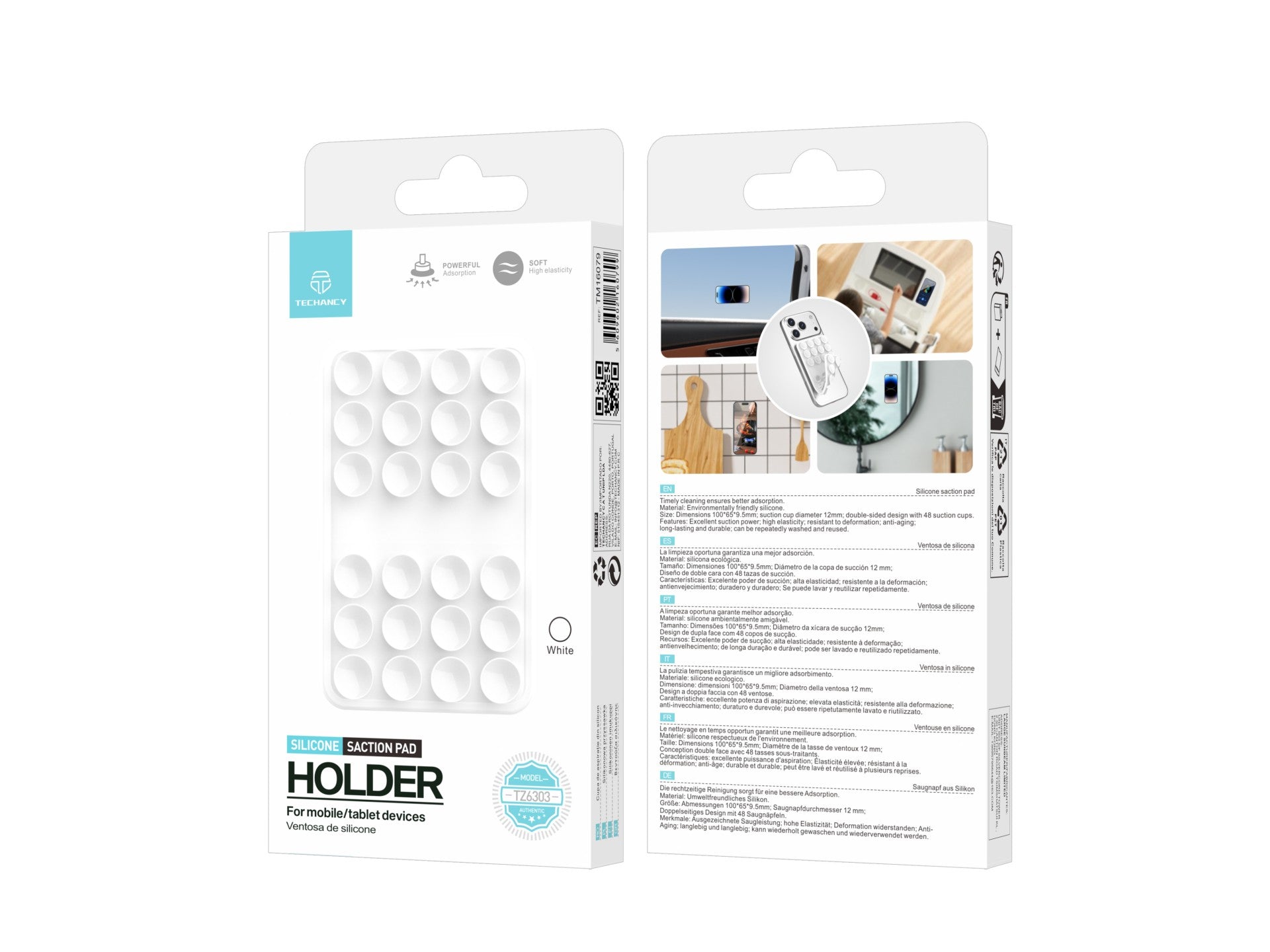Techancy Suporte com Ventosas de Silicone TZ6303 Forte Aderencia Reutilizavel Estavel Antiderrapante para Telemovel e Tablet Branco