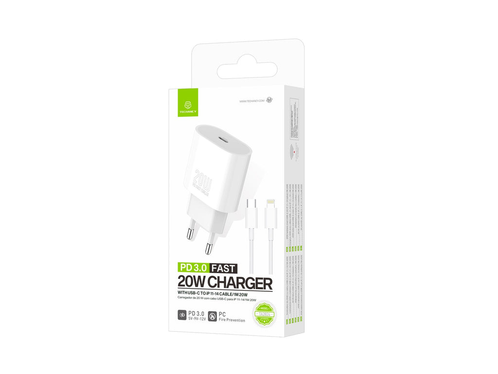 Techancy Carregador TA2824 PD3.0 20W com Cabo USB-C para Lightning Compatível com iPhone 8 a 14 Serie