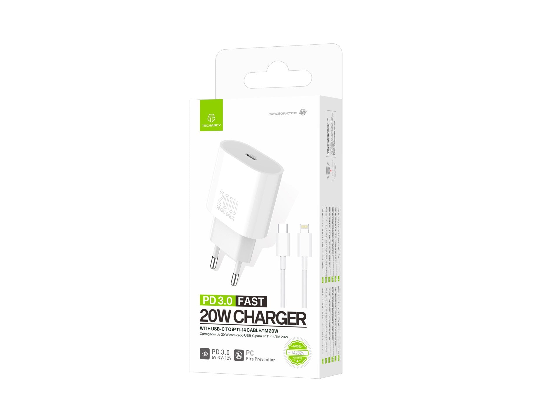 Techancy Carregador TA2824 PD3.0 20W com Cabo USB-C para Lightning Compatível com iPhone 8 a 14 Serie