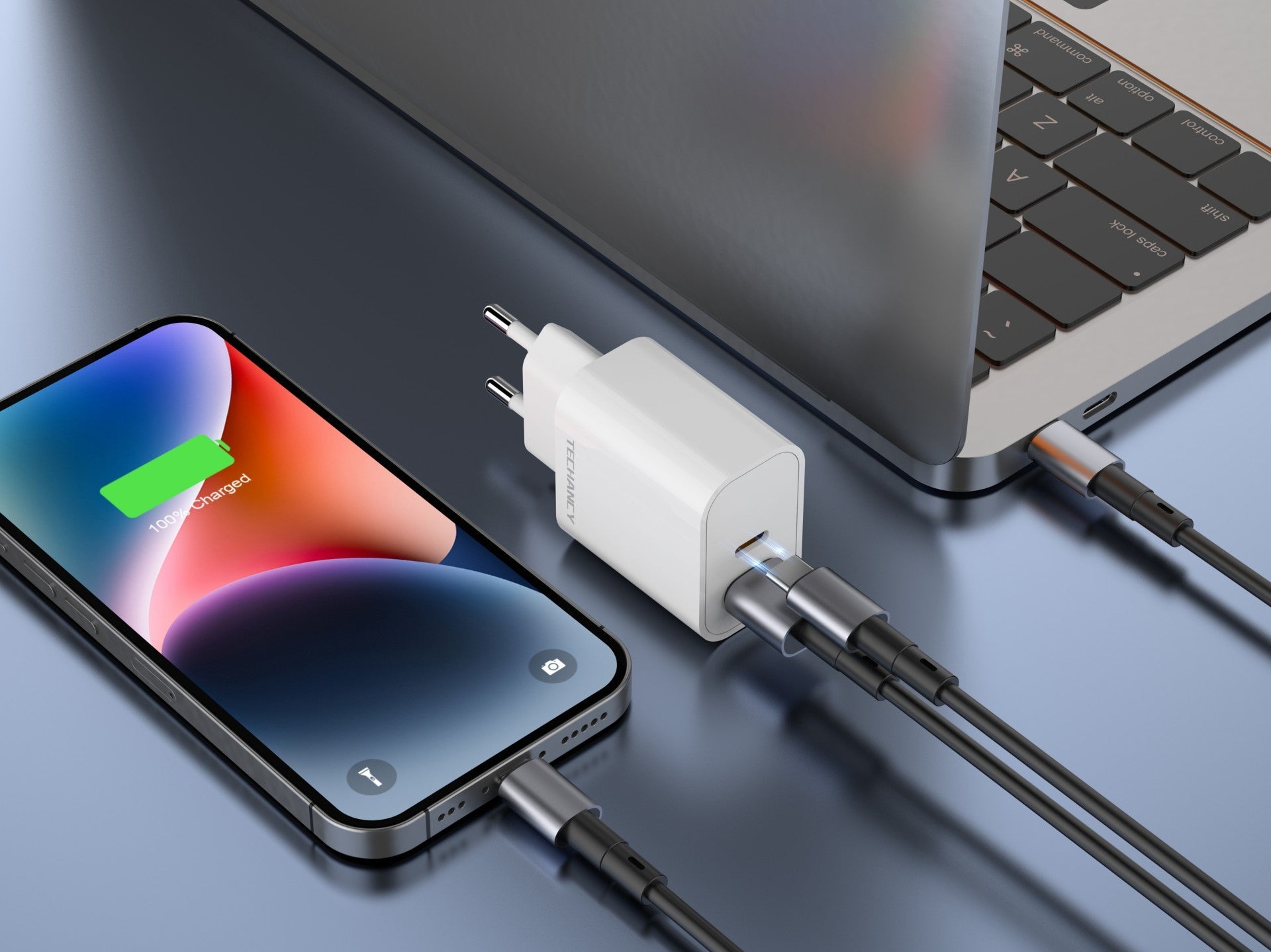 Techancy Carregador 38W USB A e USB C PD QC3.0 TA2828 Carregamento rapido para iPhone Android Tablet Adaptador EU Branco
