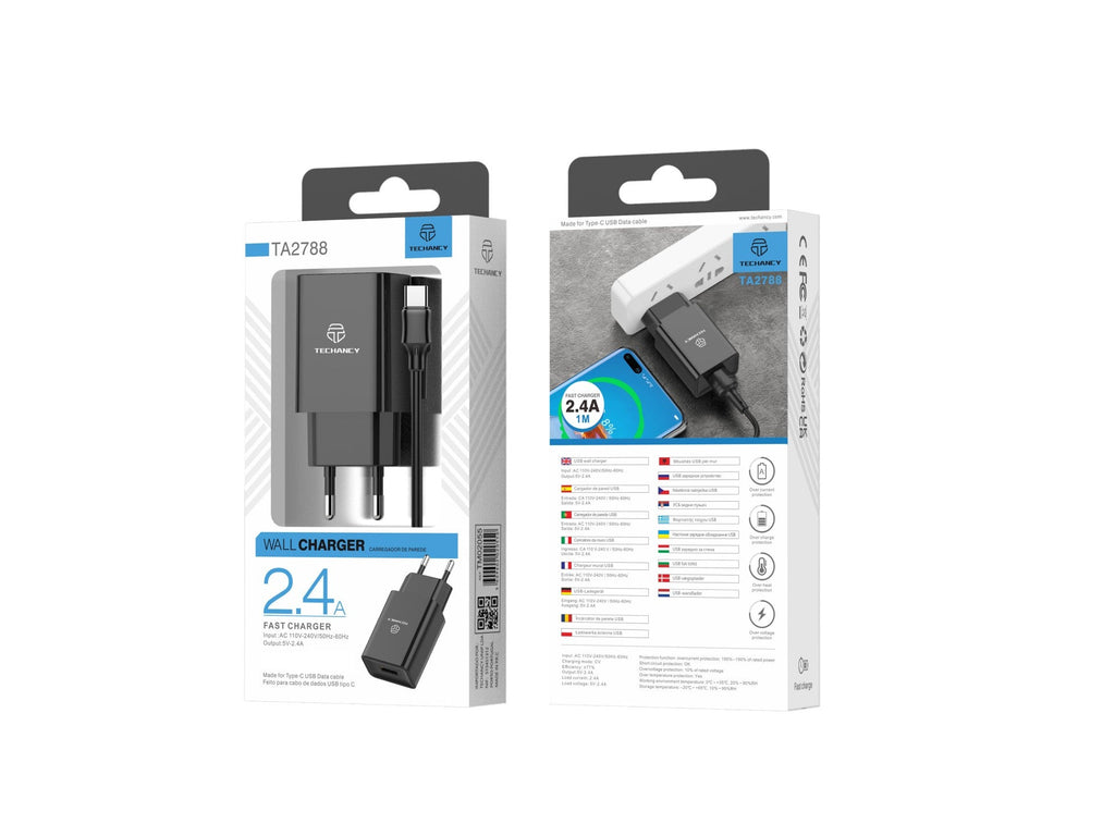 Techancy Carregador De Telemóvel Preto  TA2788, Saída Usb 5v-2.4a Carregamento, Conjunto De Carregador De Cabo Usb-Tipo C 1m