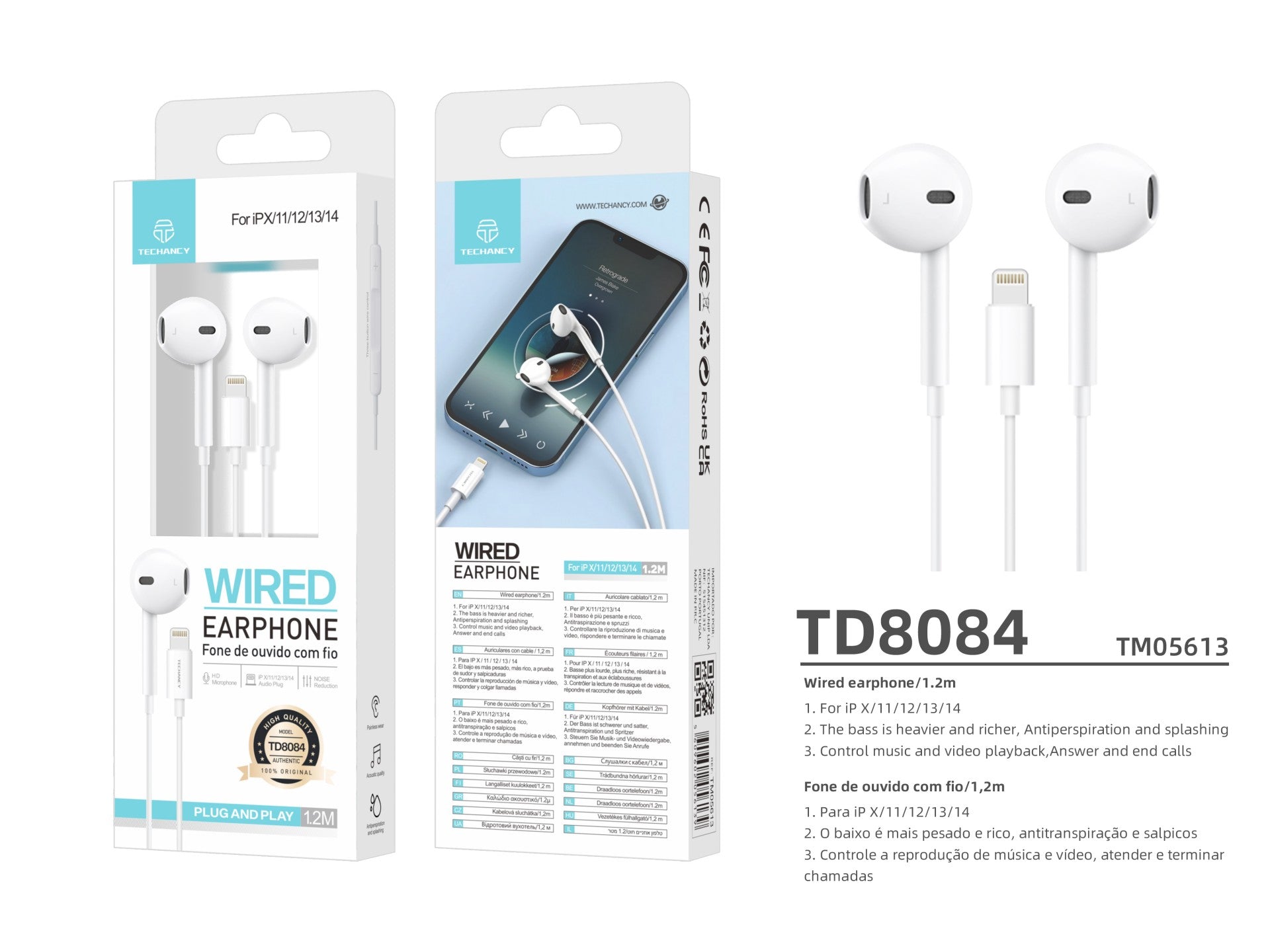 Techancy Auricular Com Fios TD8084, Plug And Play, Compatível Com Ip8/X/11-14, 1,2 Metros, Estéreo, Chamadas De Voz