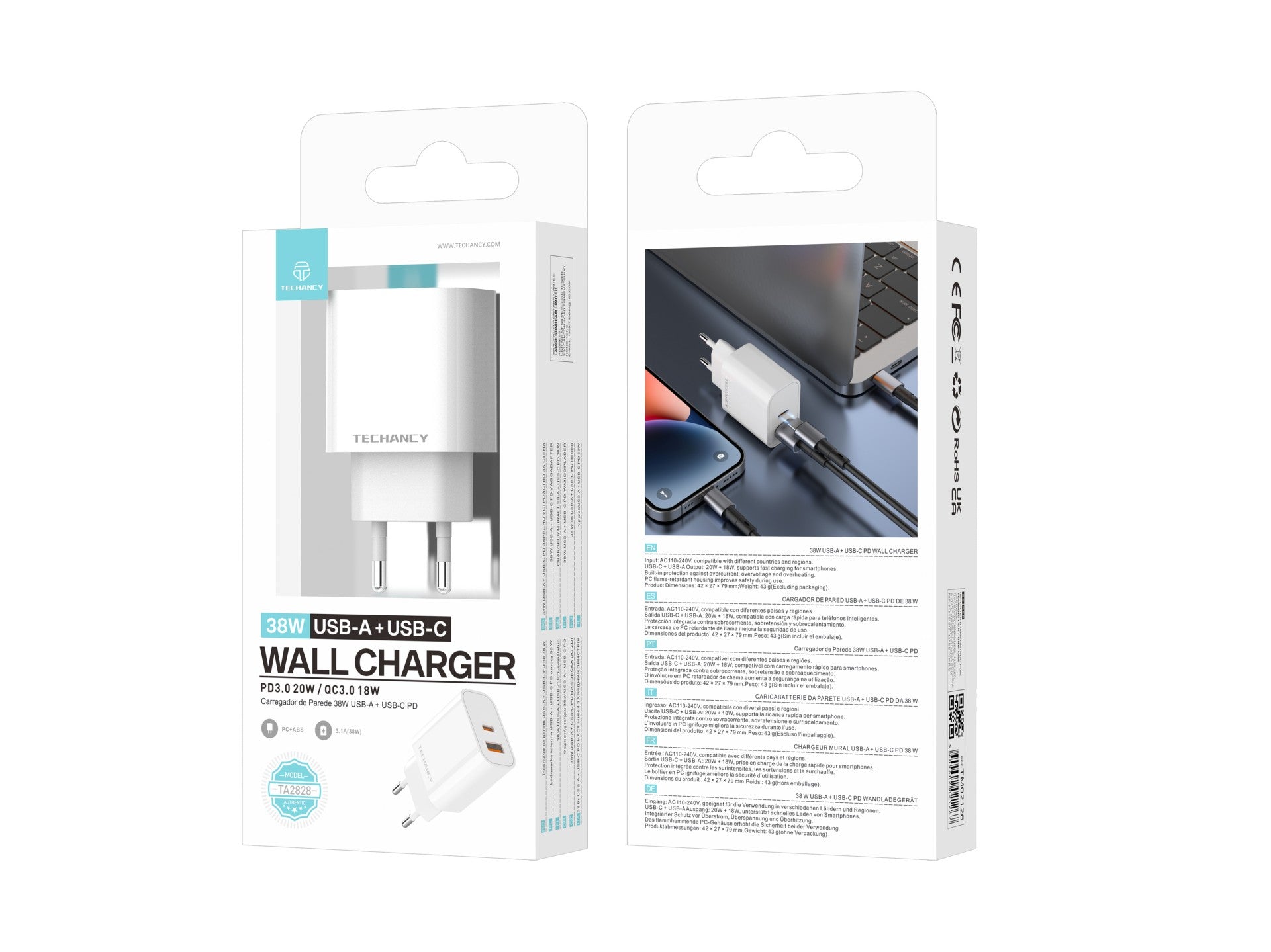 Techancy Carregador 38W USB A e USB C PD QC3.0 TA2828 Carregamento rapido para iPhone Android Tablet Adaptador EU Branco