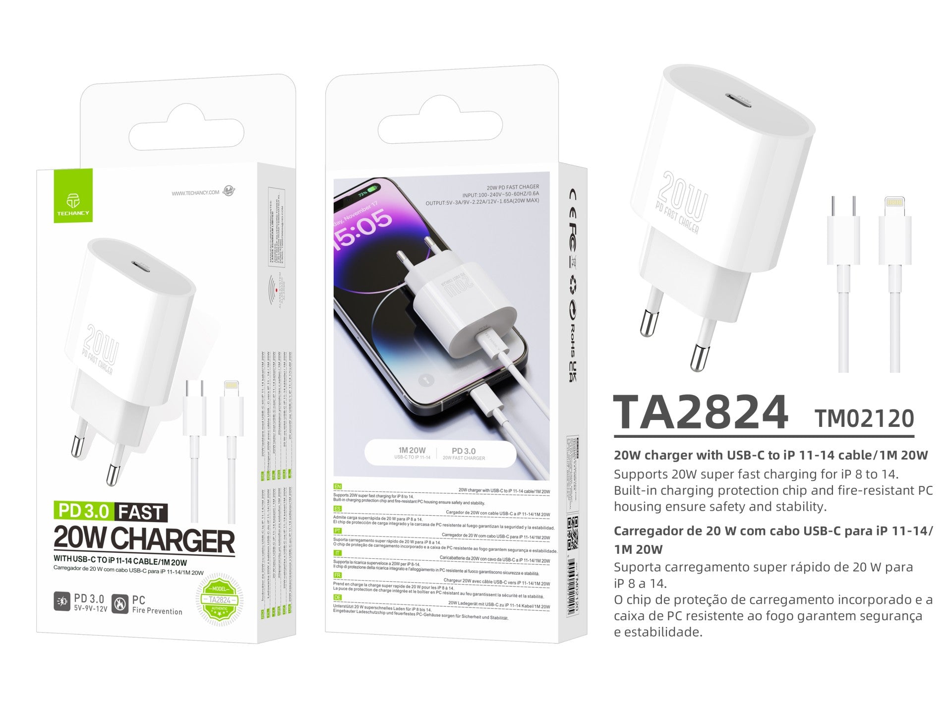 Techancy Carregador TA2824 PD3.0 20W com Cabo USB-C para Lightning Compatível com iPhone 8 a 14 Serie