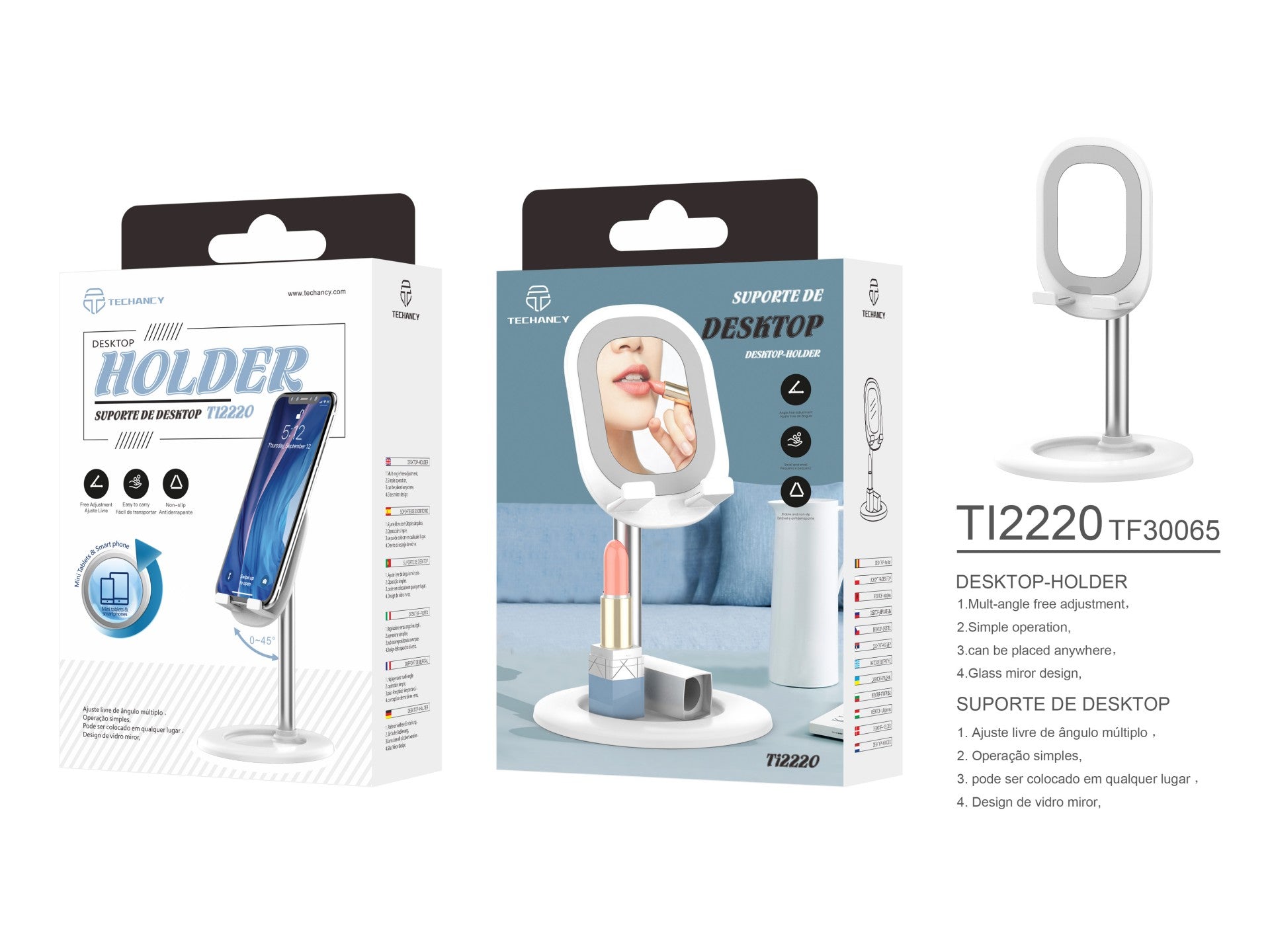 Suporte para telemóvel Techancy com espelho, TI2220, branco